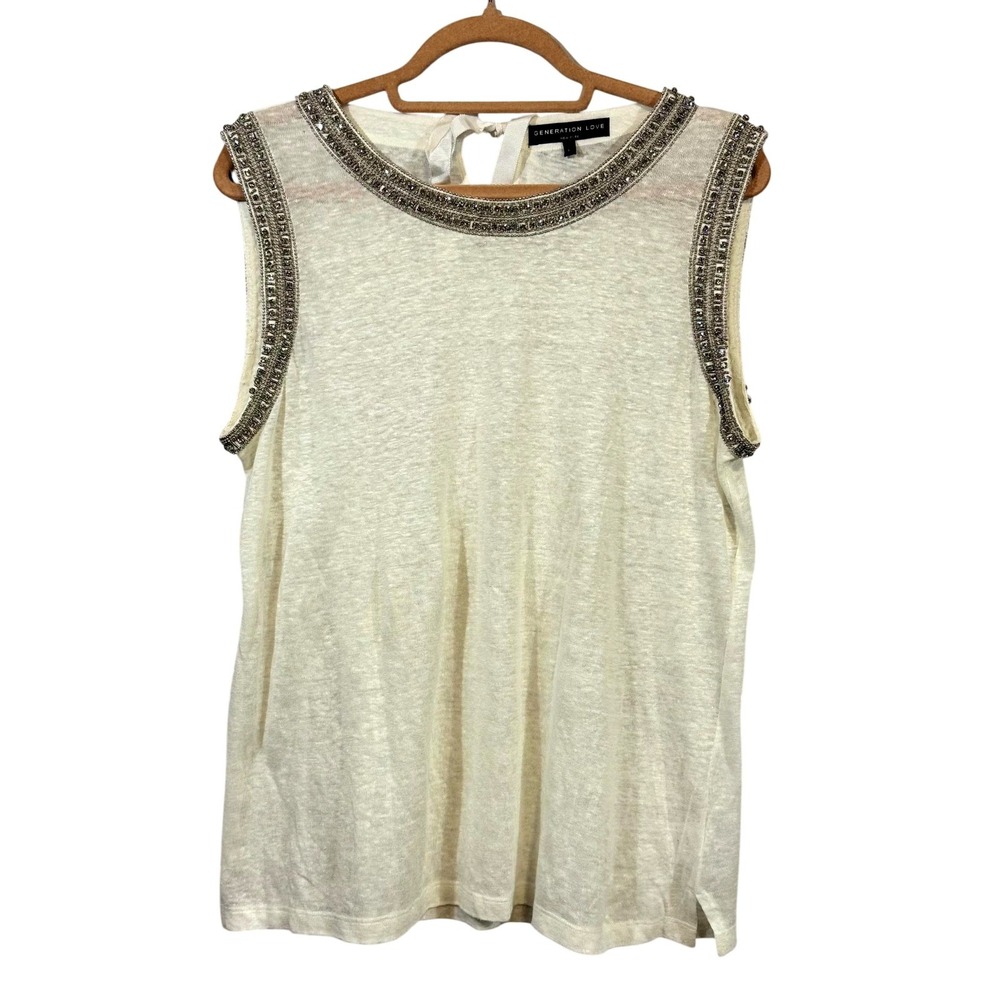 Generation Love‎ Shirt Womens Large White Sleeveless Embellished Beaded Top Chic